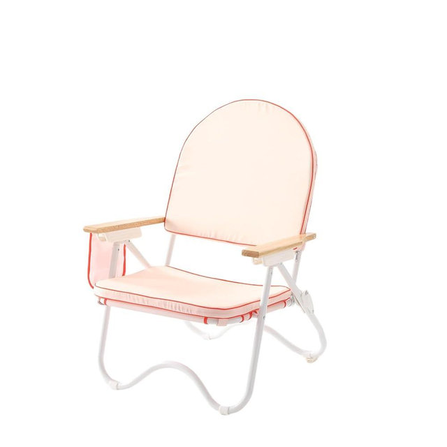 DEER LAND Padded Low Beach Chair, 4-Position Folding Outdoor Chair with Wooden Armrests, Cushioned Seat, Storage Pouch & Carry Strap for Beach, Patio and Lawn, Harbour Rosé Pink