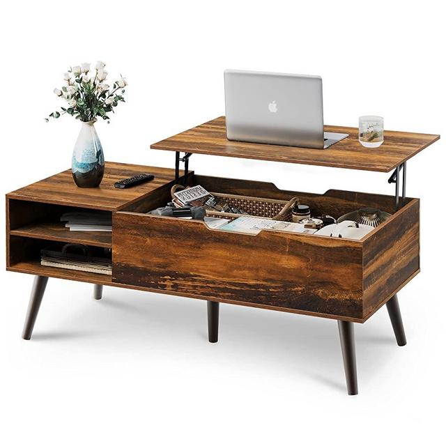 WLIVE Lift Top Coffee Table for Living Room,Small Coffee Table with Storage,Hidden Compartment and Adjustable Shelf,Mid Century Modern Coffee Table,Wood,Retro Brown