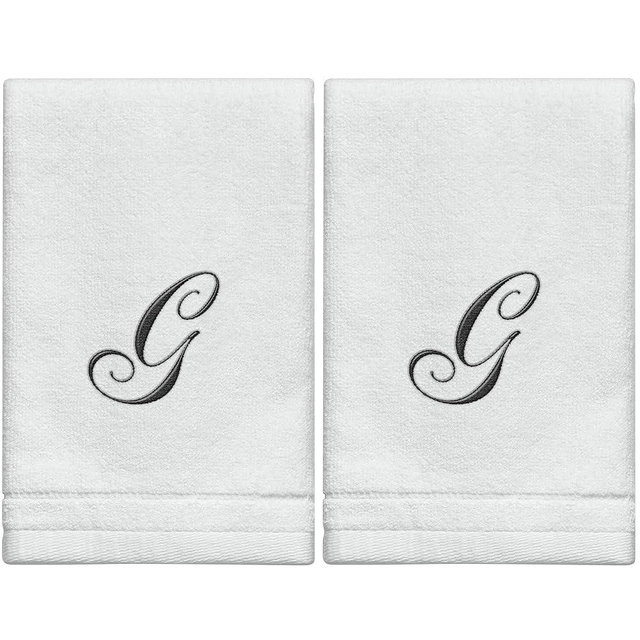 Monogrammed Towels Fingertip, Personalized Gift, 11 x 18 Inches - Set of 2- Black Embroidered Towel - Extra Absorbent 100% Cotton- Soft Velour Finish - For Bathroom/ Kitchen/ Spa- Initial G (White)
