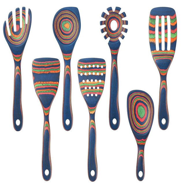 7 Pcs Wood Cooking Utensils Set, Wooden Kitchen Utensil Set for Cooking, Wooden Cooking Spoons & Spatulas, Safe for Non-Stick Cookware, Blue