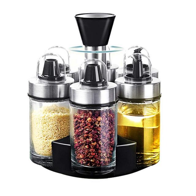 Mocy Olive Oil Dispenser and Vinegar Bottle Set of 6 Bottles, Glass Condiment Set with 360°Rotating Holder, Premium Salt & Pepper Shakers Organizer with Elegant Bottle for Kitchen, Sauce, Spice