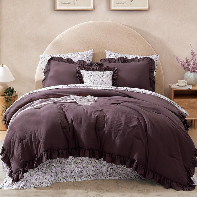 BLOOMHAVEN Queen Comforter Set - 7 Pieces Ruffle Purple Bedding Sets, Shabby Chic Farmhouse Bed in a Bag Queen with Ruffle Comforter, Floral Sheets, Pillowcases & Shams
