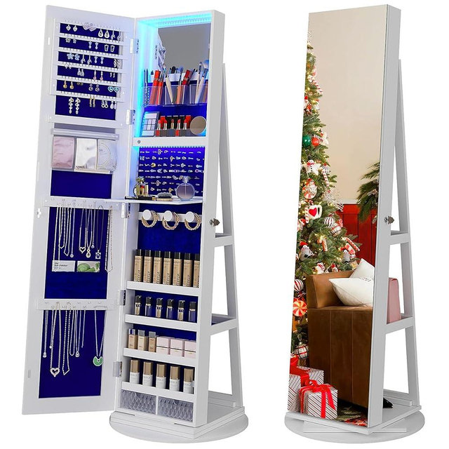FOMNEY 360° Rotating Jewelry Cabinet with LED Lights, 63" H Full Length Mirror with Jewelry Storage, Standing Jewelry Armoire with Door Mirror, Jewelry Organizers for Christmas Gift (White)