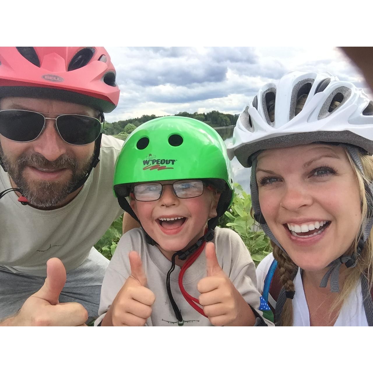 Riding our bikes along the Lake Champlain Causeway in Vermont. So beautiful!