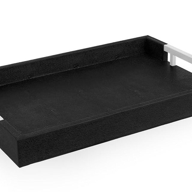 Modern Elegant 18"x12" Black Rectangle Shagreen Faux Leather Decorative Tray Ottoman Coffee Table Perfume Living Room Kitchen Serving Tray with Silver Metal Handles for All Occasion's