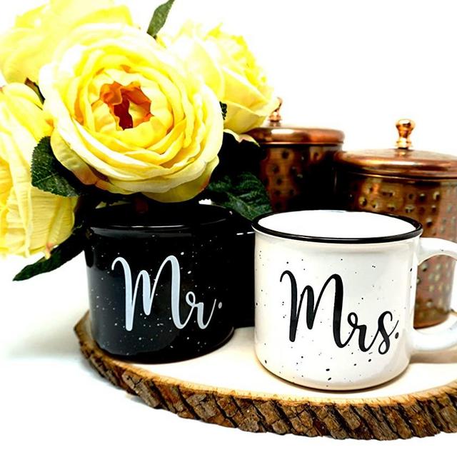 Zidello Mr and Mrs Couples Ceramic Coffee Mug Set of 2 - Unique Wedding Gift for Bride and Groom - Anniversary Present for Husband and Wife - Engagement Gifts for Him & Her - Ceramic Cups 13oz