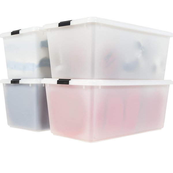 IRIS USA 91 Quart Stackable Plastic Storage Bins with Lids and Latching Buckles, 4 Pack, Containers with Lids, Durable Nestable Closet, Garage, Totes, Tubs Boxes Organizing, Pearl