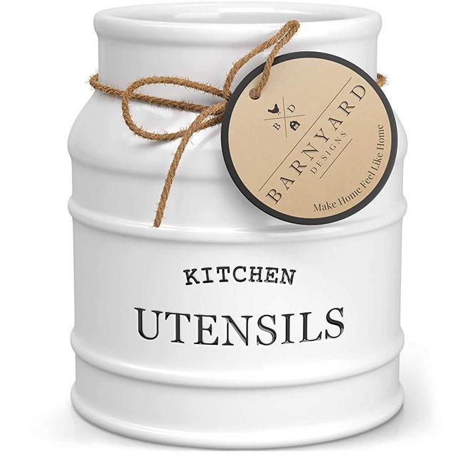 Barnyard Designs Ceramic Utensil Crock Holder for Kitchen Counter, Rustic Farmhouse Countertop Decor, French Country Kitchen Caddy Organizer for Cooking Utensils, Spatulas and Mixing Spoons, White, 6”