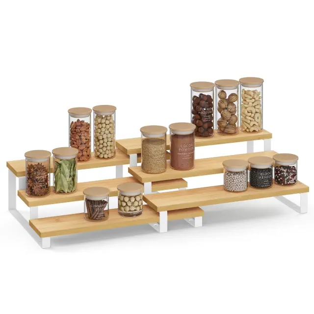 SONGMICS Display Risers, Set of 2 Bamboo Perfume Organizer Stand, 3 Tier Cupcake Stand Holder, Spice Rack, Cloud White and Natural Beige