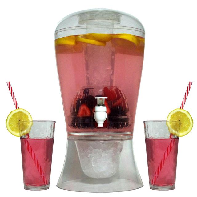 Large 2 Gallon Beverage Dispenser on Stand with Spout – Ice Base and Core Keep Juice and Drinks Cold – Shatterproof Acrylic Jug with Fruit and Tea Infuser and Spigot Perfect for Parties