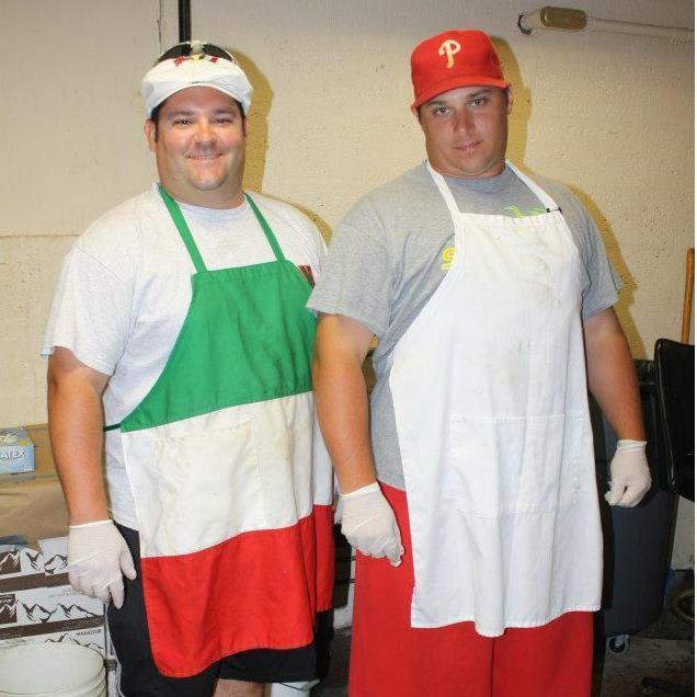 Putz and I slicing porkette