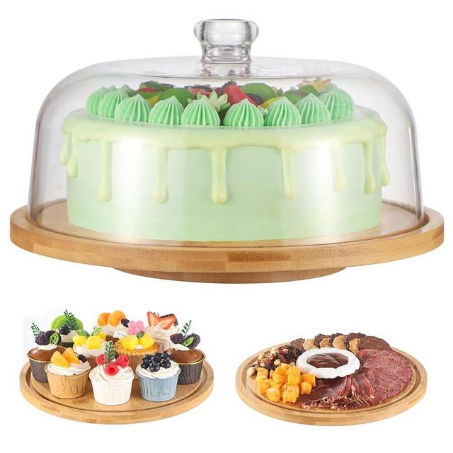 Cake Stand，Rotating Cake Stand With Lid，Bamboo Cake Stand with Acrylic Dome，Turnable Cake Display Stand Cake Plate Cake Holder Cake Platter with Cover，11.8"