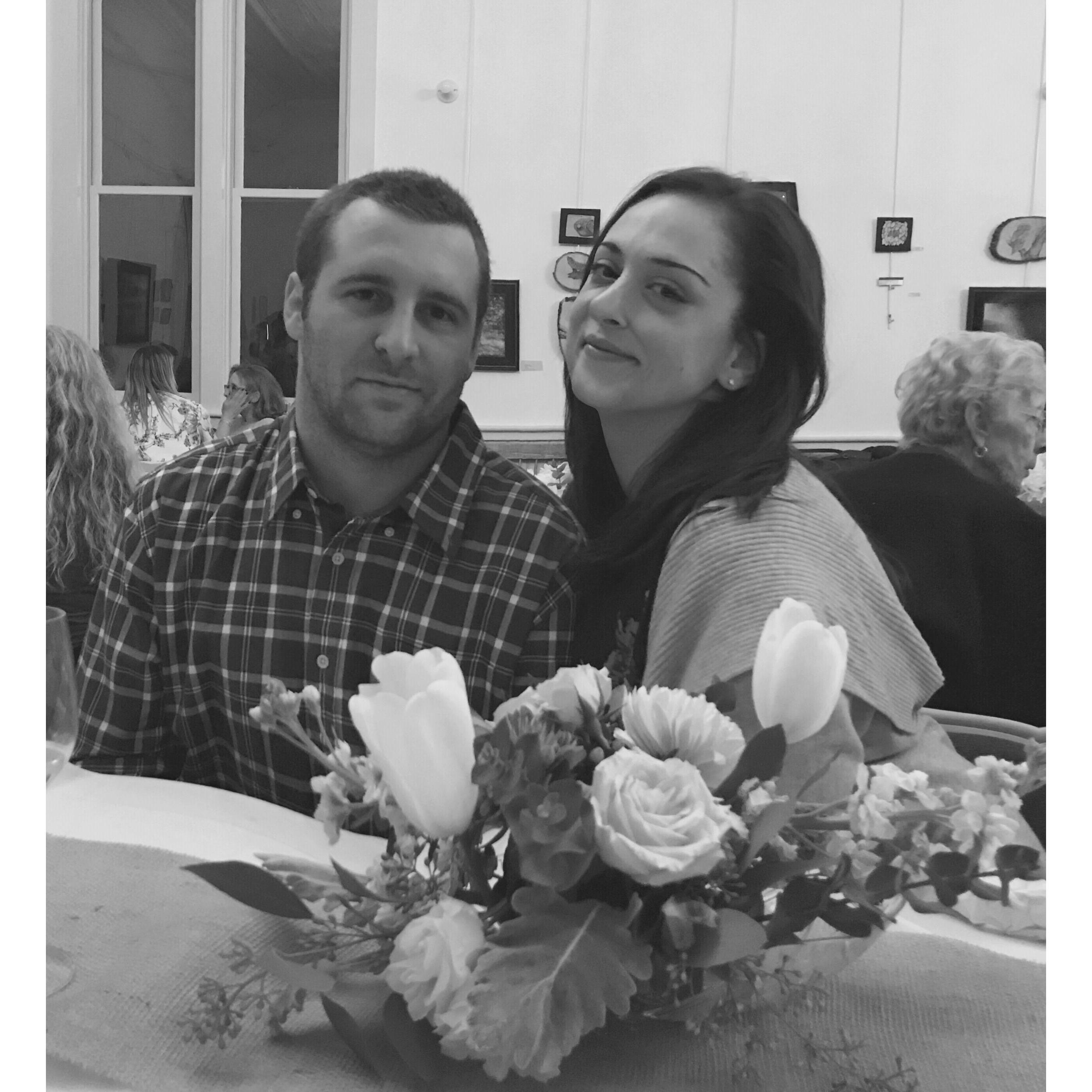 Rachel grins from ear-to-ear next to her future hubs in this lovely photo from early Spring 2018 at CT's stunning Tolland Arts Center 🎨 Mary Blueberry is captured in the backdrop!