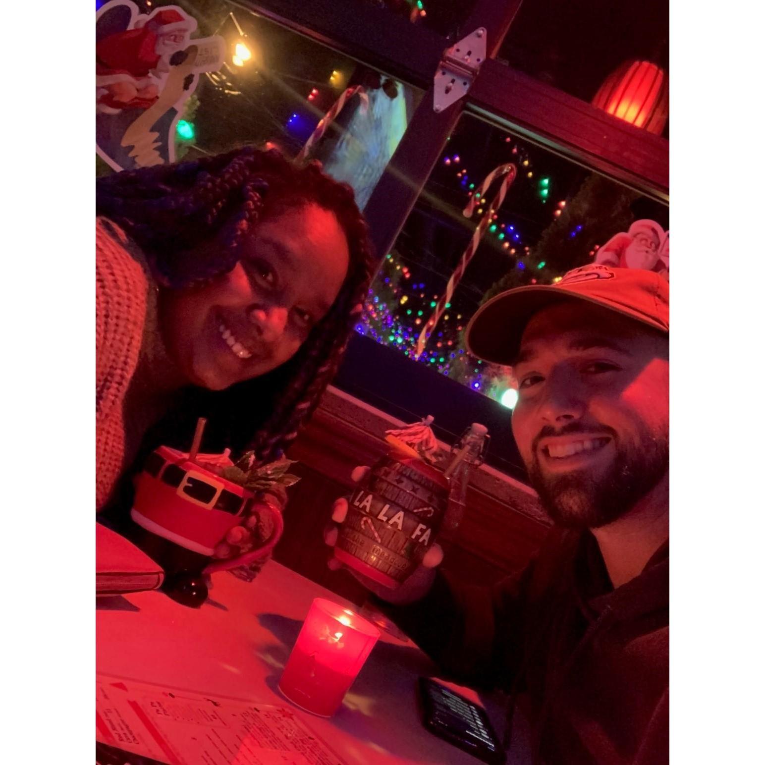 Us at our very first Christmas pop-up bar! They are SO COOL! It's literally Christmas everything!