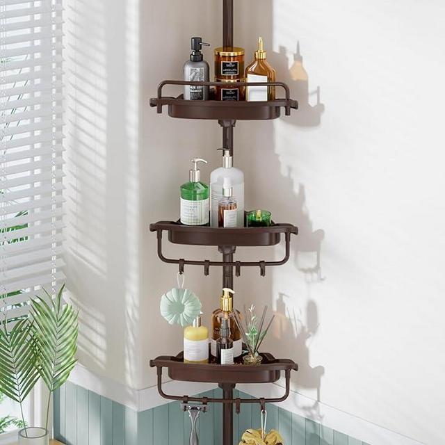 WSBArt Corner Shower Caddy Tension Pole Brown Shower Caddy 18/8 Stainless Steel Rustproof 4 Tier Adjustable Shower Organizer Bathroom Shower Shelves Shower Storage Rack 32-122inch