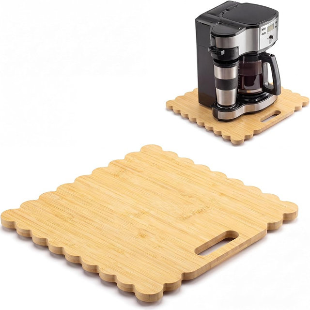 Novabright 13 x 14 Inch Bamboo Sliding Tray, 360° Appliance Slider for Coffee Maker, Scalloped Sliding Tray with Rubber Wheels, Kitchen Countertop Appliance Slider for Coffee Pot, Air Fryer