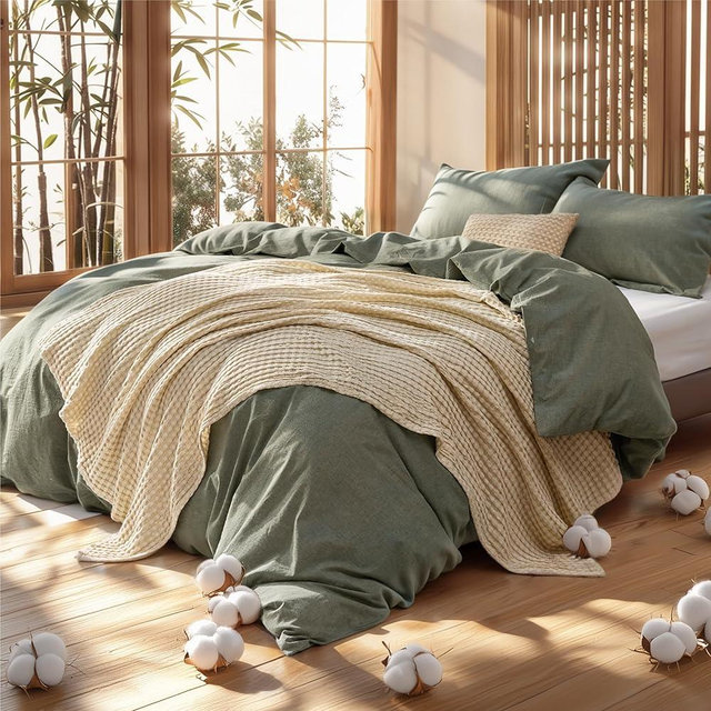 Bedsure 5 Pieces Cotton Comforter Set with Cotton Waffle Throw Blanket - Olive Green Queen Comforter, Pillow Shams, Beige Cooling Blanket of Rayon Derived from Bamboo for Hot Sleepers, Throw Pillow