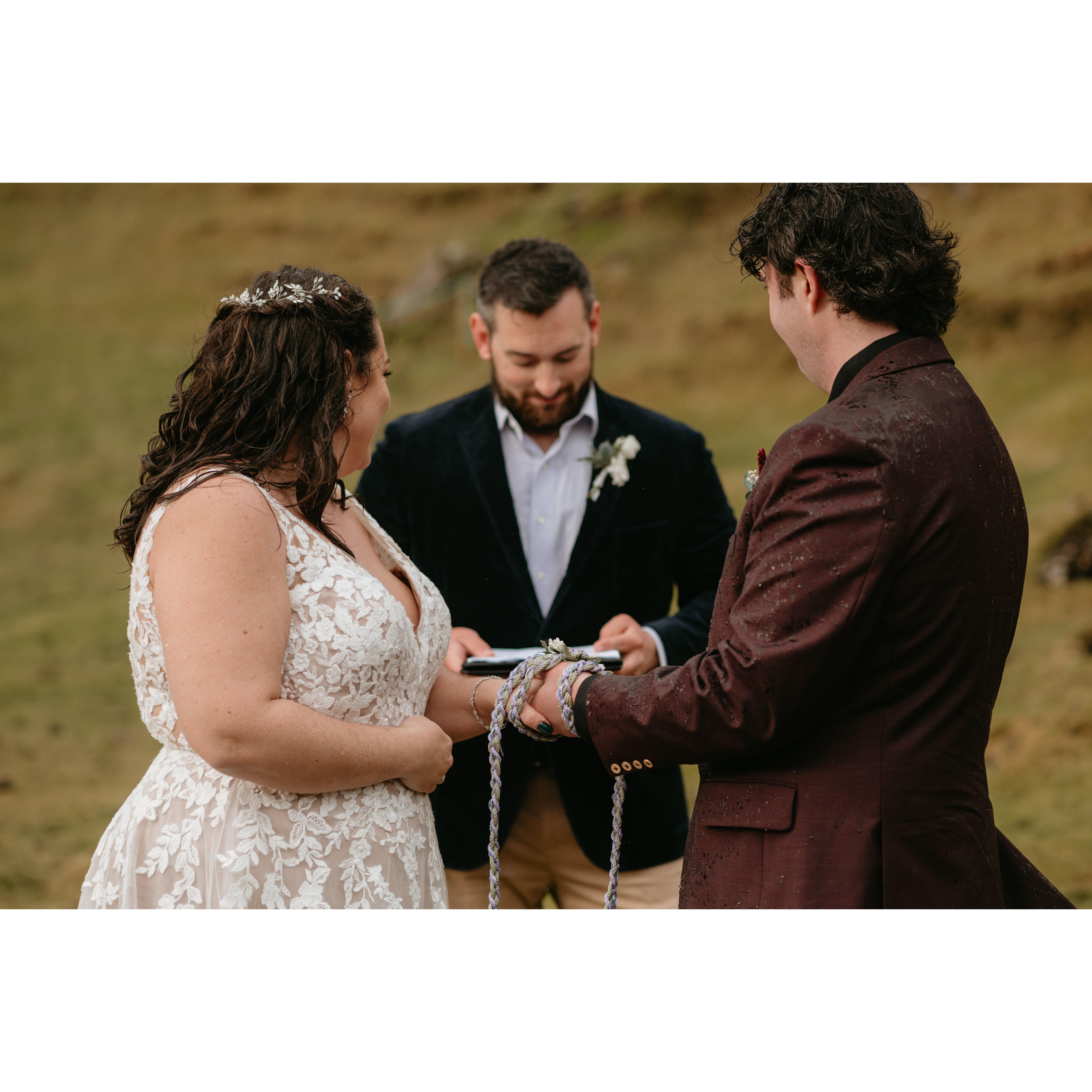 There were a couple Scottish traditions we wanted to incorporate into the ceremony. This is the historic "handfasting" ceremony, where you, quite literally, tie the knot.