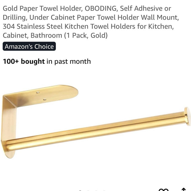 Gold Paper Towel Holder, OBODING, Self Adhesive or Drilling, Under Cabinet Paper Towel Holder Wall Mount, 304 Stainless Steel Kitchen Towel Holders for Kitchen, Cabinet, Bathroom (1 Pack, Gold)