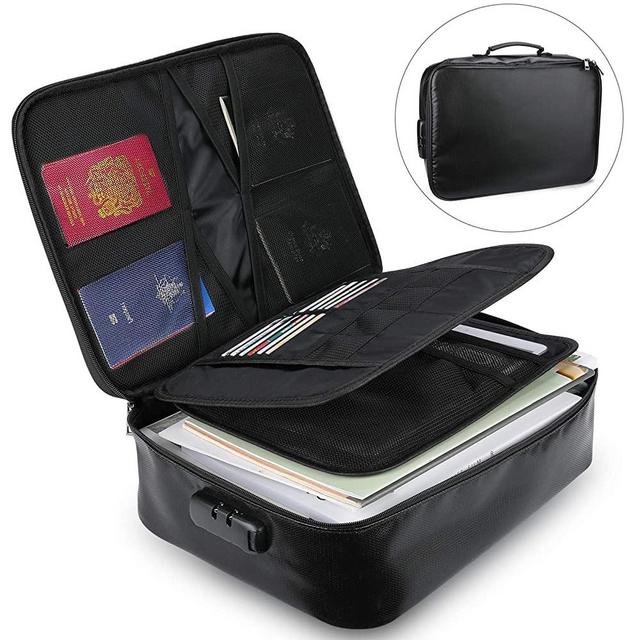 Fireproof Document Bags,15"x11"x4" IPX4 Waterproof File Organizer,Storage Pouch Firebag Safe Briefcase Style with Zipper for A4 Letter Size Document Holder,Passport,Cash,Tablet and Valuables (Black)