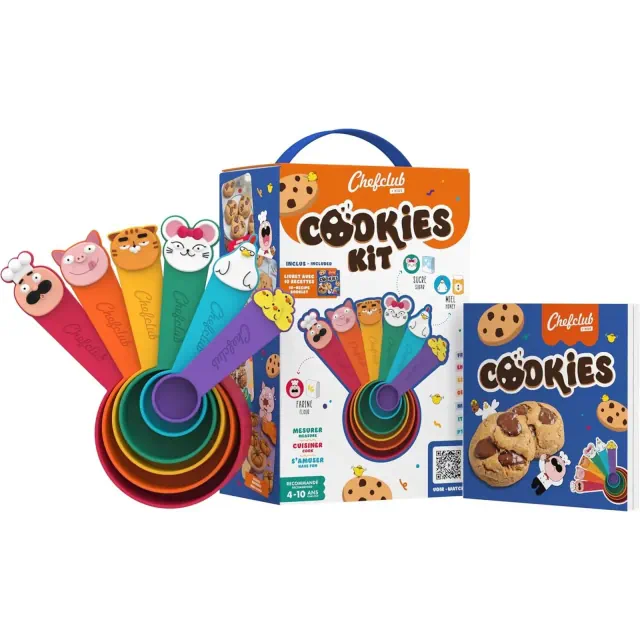 Chefclub Kids Starter Cookie Kit Illustration Cookbook - Set of 6 Color-Coded BPA-Free Measuring Cups, Montessori-Aligned Learning