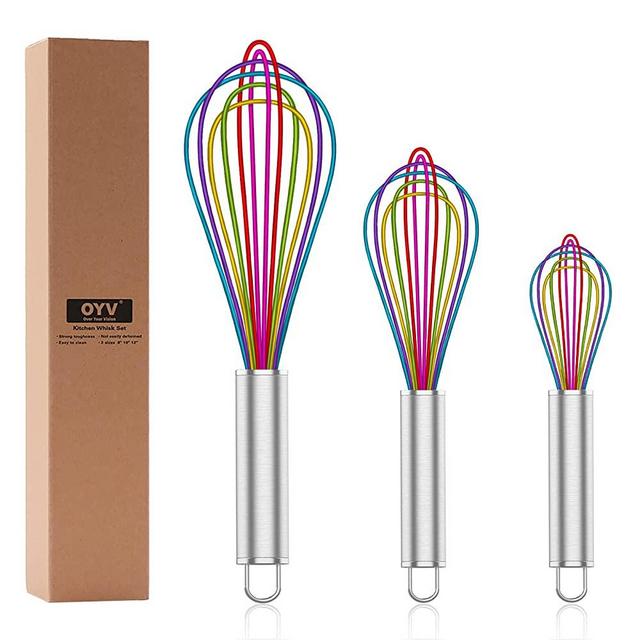 Silicone Whisk Set of 3 RAINBOW Non-Scratch Non-Stick Kitchen Utensils.