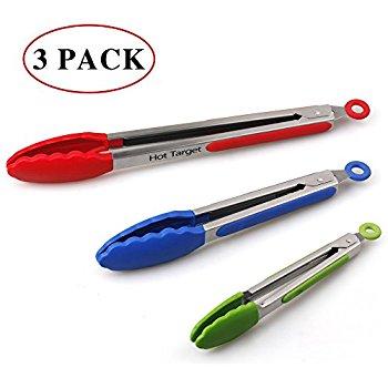 Set of 3 - 7,9,12 Inch, Heavy Duty, Non- Stick, Stainless Steel Silicone Kitchen Tongs (pack of 3, multi color)