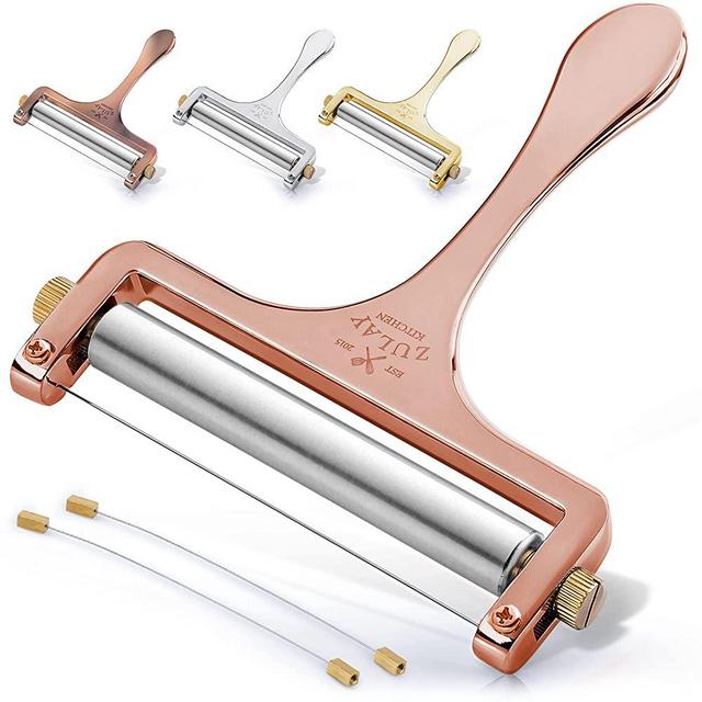 Zulay Cheese Slicer With Adjustable Thickness - Wire Cheese Slicer For Parmesan Cheese, Mozzarella Cheese, Cheddar Cheese - Cheese Slicers For Block Cheese Heavy Duty With 2 Extra Wires (Rose Gold)
