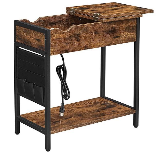 VASAGLE Sofa Side Table with Power Outlet, Flip Top End Table with Charging Station, Nightstand with Storage Shelf and Fabric Bag, for Living Room, Bedroom, Rustic Brown and Black ULET310B01