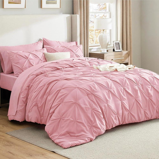 Bedsure Full Comforter Set Baby Pink - Bed in a Bag Full Size 7 Pieces, GentleSoft™ Pintuck Bed Set Gift for Family, Pinch Pleat Pink Comforter with Sheets, Pillowcases & Shams