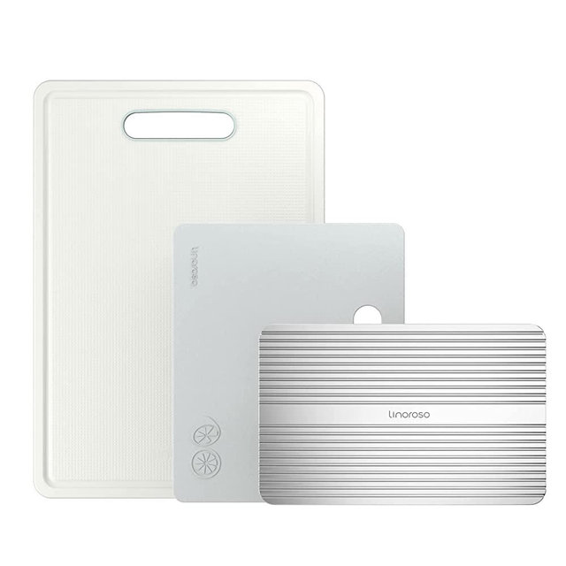 Linoroso Kitchen Cutting Board with Defrosting Tray Set of 3, Juice Grooves, Easy Grip Handle, Slip Resistant, Dishwasher Safe, Food-Grade Safe Plastic Chopping Board - Ivory White