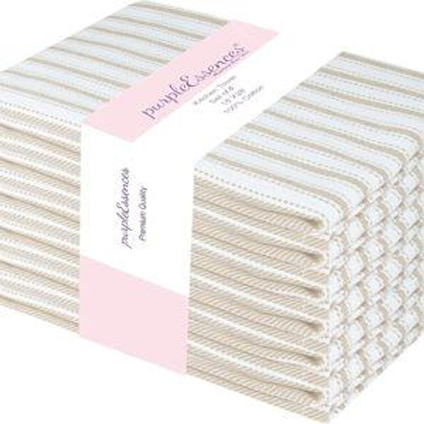 PurpleEssences Stripe Kitchen Towels - Set of 6, 18x28 Inch - 100% Cotton, Absorbent & Reusable Dish Towels with Hanging Loop French-Inspired Style - Christmas Holiday Winter - Beige