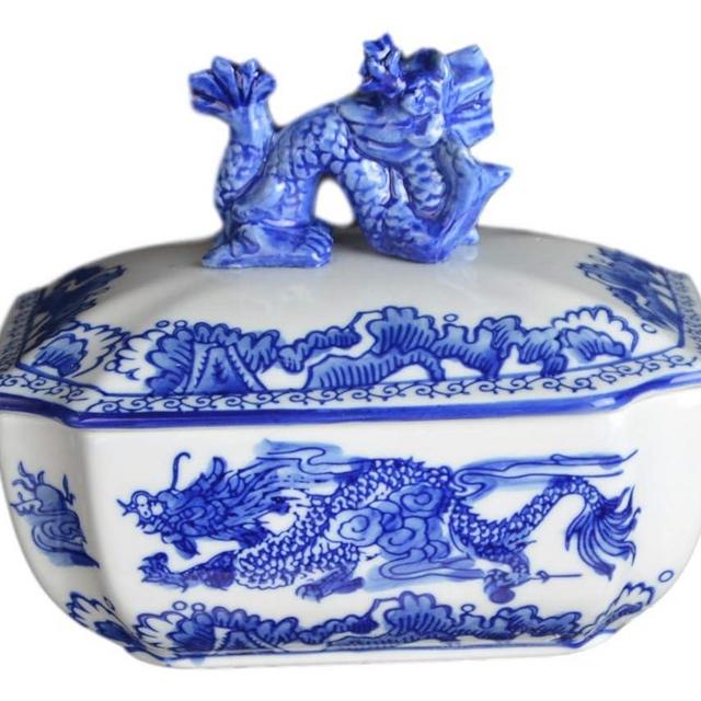Classic Blue and White Ceramic Porcelain Jar Vase, Rectangle Canister, Sugar Candy Container, Tea Container, Dragon Button Lid, Hand-crafted Jingdezhen