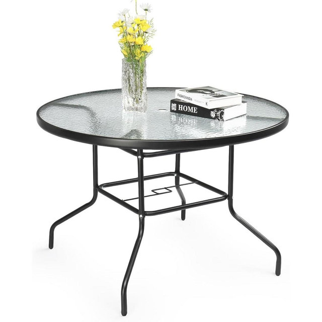 VINGLI Round Patio Table with Umbrella Hole, 40" Outdoor Dining Table Steel Tempered Glass Patio Tables Round Outdoor Tables
