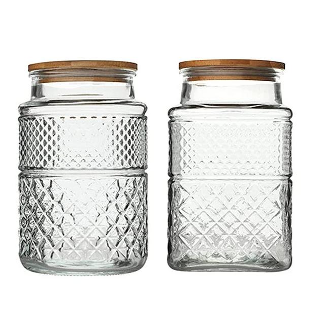 Vintage Glass Storage Jar, 2 Pack 34 FL OZ Glass Food Storage Containers  with Bamboo Wooden Lid, Airtight Candy Jar/Mason Jar for Kitchen Counter,  Pantry, Cookie, Coffee, Tea, Sugar (Sunflower)
