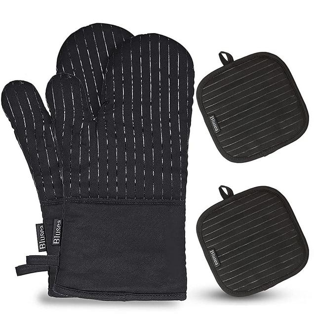Blusea Black Oven Mitt Set 4, Professional 500℉ Heat Resistant Silicone Oven Mitts Cotton Thick Oven Gloves Hot Mitts Kitchen 13inch Extra Long, plus 2 Pot Holders Perfect for Baking and Cooking