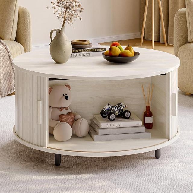 ONBRILL Round Coffee Table with Storage, 31.5" Modern Coffee Table with 360° Curved Sliding Door, Fluted Wood Coffee Table with Adjustable Footpads, Round Center Table for Living Room, Natural White