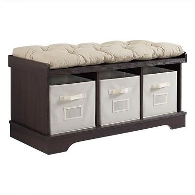 42" Wood Storage Bench with Totes and Cushion - Espresso - Saracina Home
