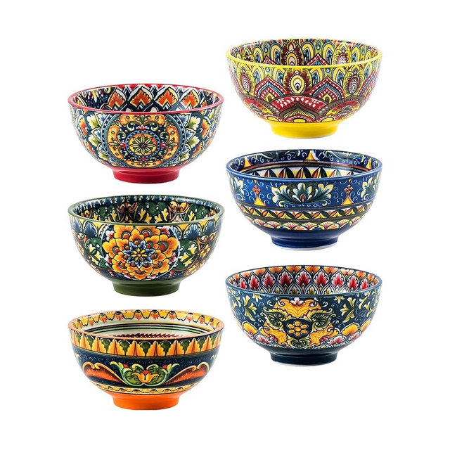 Henten Home Ceramic Small Snack Bowls Set of 6, Bohemia 6.5 oz Dessert Bowls Set, Porcelain Bowls for Pudding, Dipping, Ice Cream, Sauce, Decorative, Microwave & Dishwasher Safe