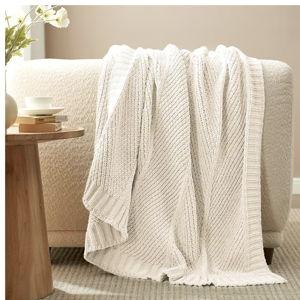 Amélie Home Chevron Chenille Knit Throw Blanket for Couch, Cozy Texture Decorative Soft Blanket for Sofa & Chair, 60"x80", Ivory
