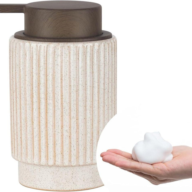 Fun Elements Foaming Soap Dispenser, Wood Grain Plastic Soap Dispenser, 10oz Refillable Bottle for Liquid Soap - Kitchen, Sink, Bathroom