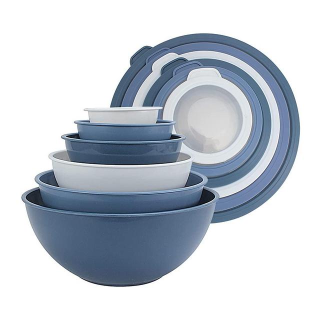 COOK WITH COLOR Mixing Bowls with TPR Lids - 12 Piece Plastic Nesting Bowls Set includes 6 Prep Bowls and 6 Lids, Microwave Safe Mixing Bowl Set (Denim)