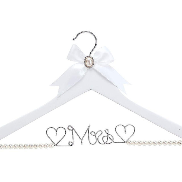 HUIDIAN White Solid Wood Bridal Dress Hanger with Lady Wire Lettering for Bridal Wedding Party Gift (Pearl Silver Thread and White Hanger)