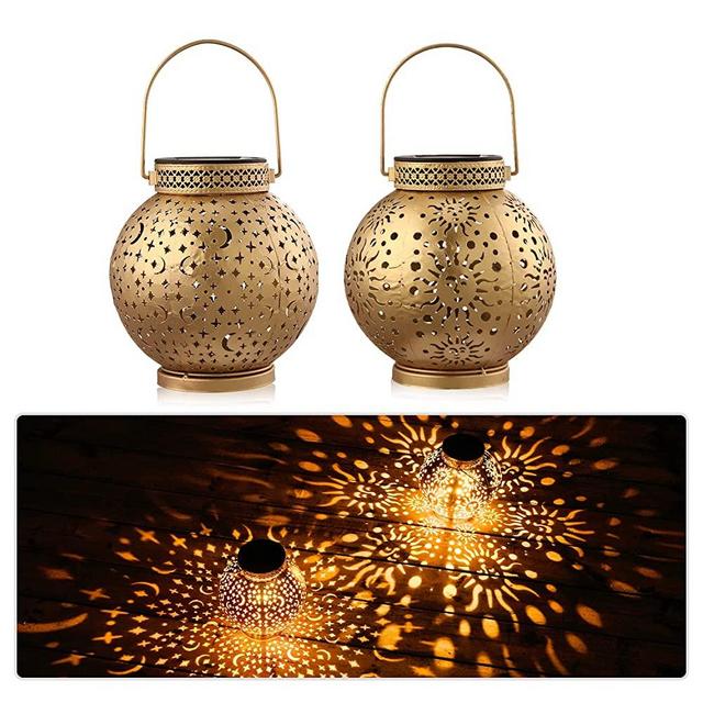 Lintem 2Pack Solar Lanterns Outdoor Hanging Waterproof Solar Lights, Metal LED Decorative Star Moon Sun 10 Lumens Patio Lanterns for Garden, Yard,Table,Halloween,Christmas