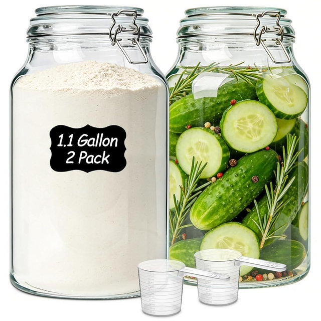 ComSaf 2 Pack 1 Gallon Glass Jars with Lids, Glass Flour Sugar Storage Containers for Pantry & Kitchen Organization, Extra Large Mason Jars with airtight lid, Coms with Labels & Massuring Cups.