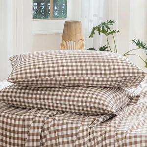 MooMee Bedding Pillowcases Gingham Pack of 2 100% Washed Cotton Linen Like Textured Breathable Durable Soft Comfy (Classic Gingham Brown, Queen)