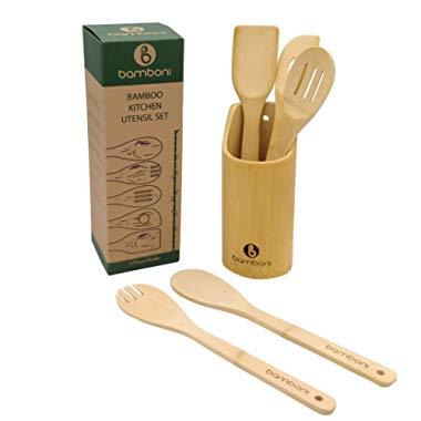 6 Piece Set | Bamboo Utensils with Holder | Bamboo Cooking Utensils | Wooden Spoons for Cooking | Wooden Kitchen Tools | Perfect for Nonstick Cookware by Bamboni