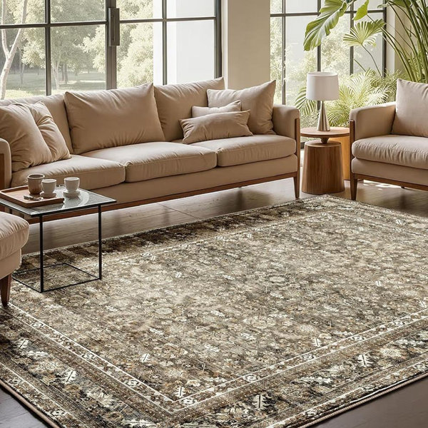 OPPODREAM Vintage Brown Area Rugs 8x10, 8 x 10 Retro Washable Rug Non Slip, Low-Pile Faux Wool Carpet, Distressed Floor Mat for Living Room, Bedroom, Office, Dorm, Dinning Room, Big & Large