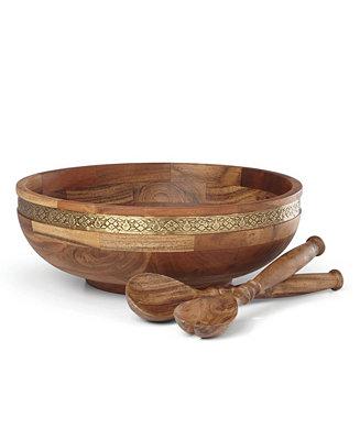 Global Tapestry Wood Salad Bowl with Servers
