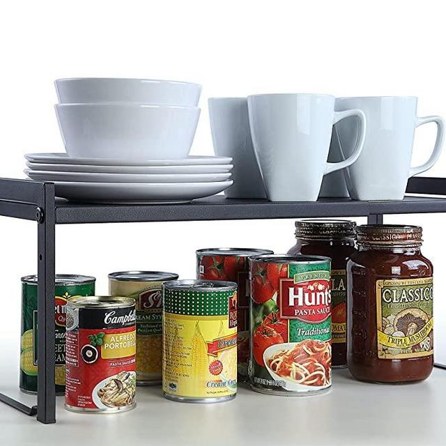 SunnyPoint Expandable Cabinet Storage Rack - Tabletop Storage Spice Shelf Organizer Rack (M - 15.1"~25.78"W X 7.87"D X 8.46"H, BLACK)